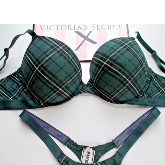 VICTORIA'S SECRET PINK Super Push-Up Bra & XL Thong Panty Set Green Plaid Cotton